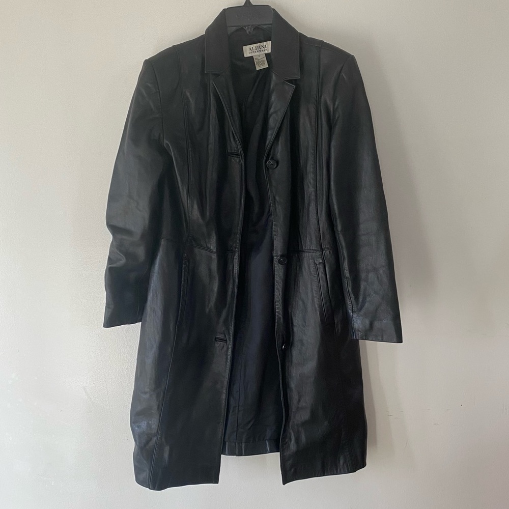 Alfani vintage black leather trench coat size small perfect jacket - Picture 2 of 4